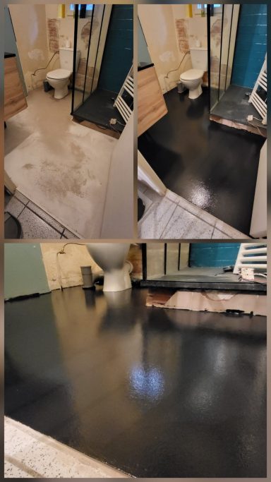 Ragréage + Résine noir sur sol de salle de bain